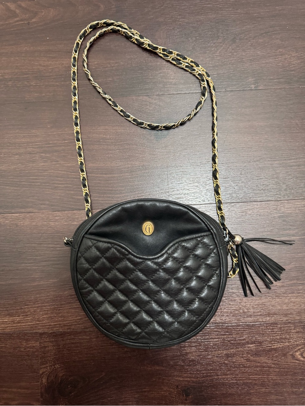 VTG 80s Ganson Black Leather Circle Purse Chain Strap